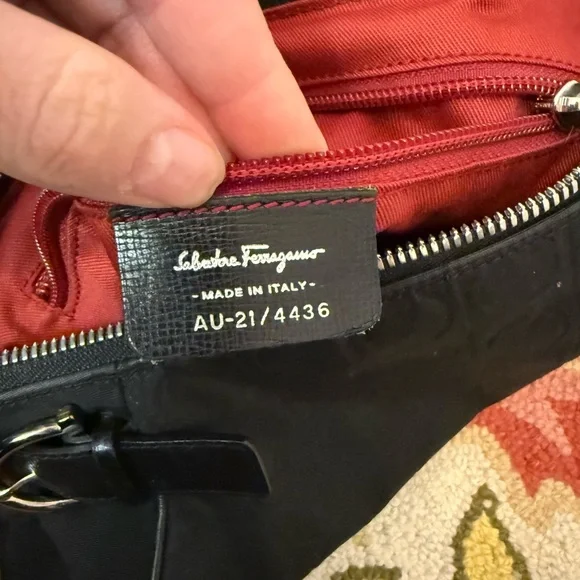 SALVATORE FERRAGAMO Silver Fittings Gancini Canvas Nylon Shoulder Bag Black/Red